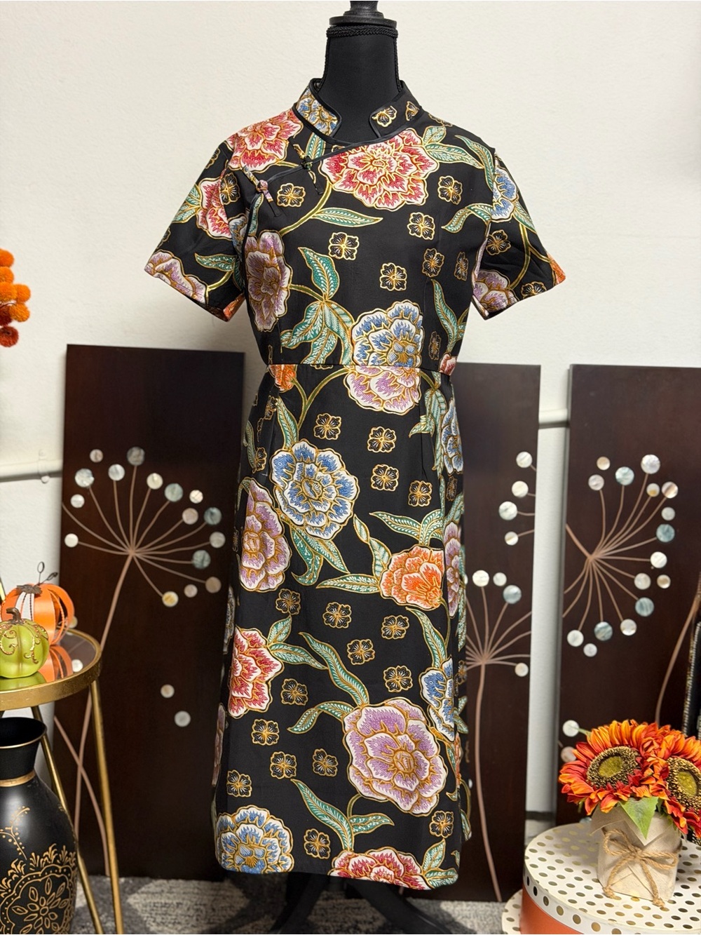 Black Floral Mandarin Collar BATIK Dress
